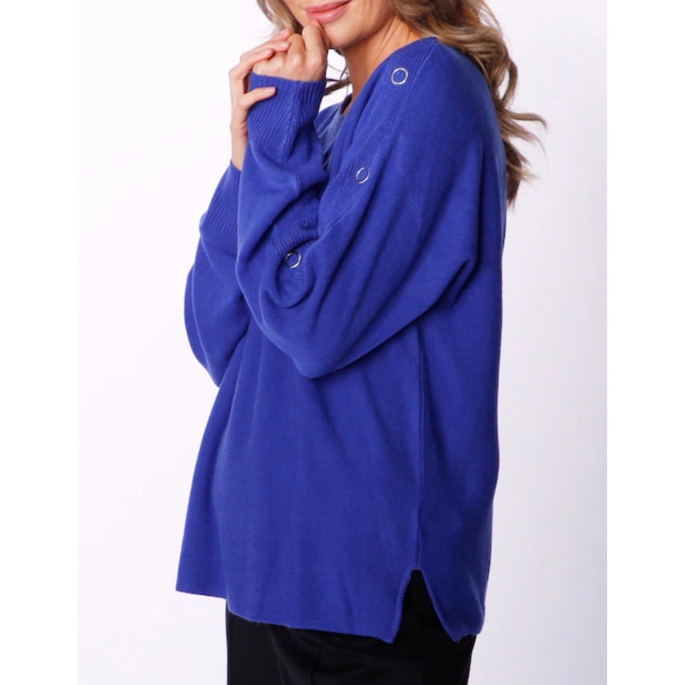 DG2 Diane Gilman Royal Blue Grommet‎ Shoulder Knit Sweater S NEW